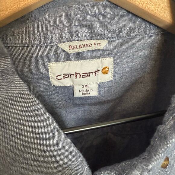 CARHARTT Men's 2XL Relaxed Fit 100% Cotton Short Sleeve Button Down Shirt Blue - Picture 4 of 7